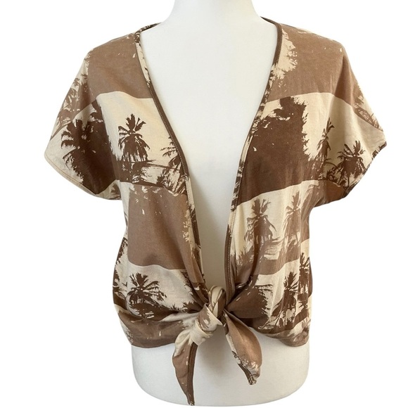 Vintage 70’s Jabé Hawaiian Tropical Tie Front Top Brown Multi Size Medium - Picture 1 of 7